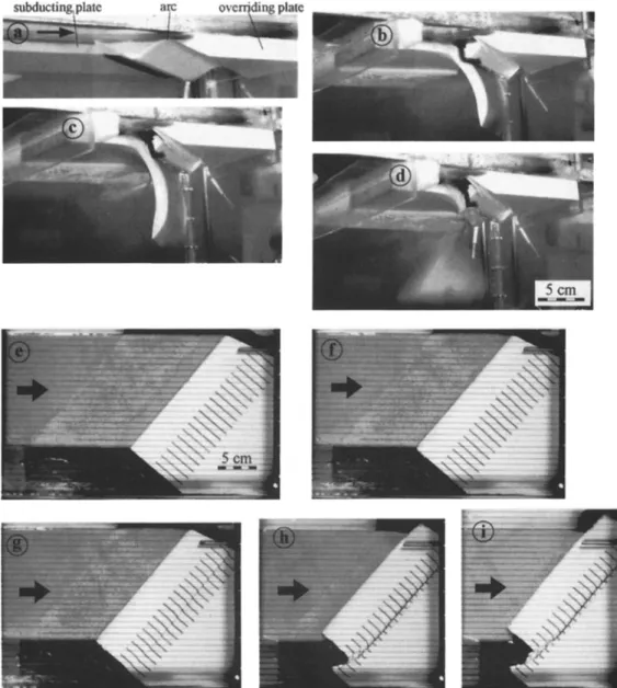 Figure 3.  Experiment  1 (photographs  of the successive  stages  of the experiment):  high interplate  friction, dense  subducting  plate, the overriding  plate is thinned  in the arc area (see Tables 1 and 2)