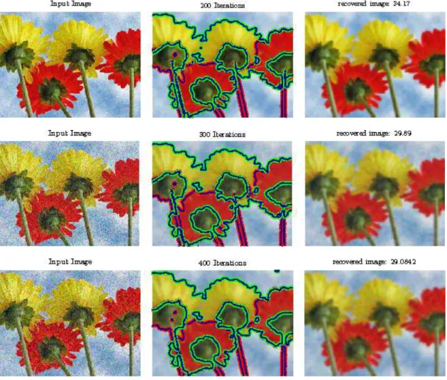 Figure 7: Segmentation and restoration of noisy color image and PSNR values. First column: noisy image with Gaussian noise, variance = 0.02 (top) and variance = 0.1 (middle)