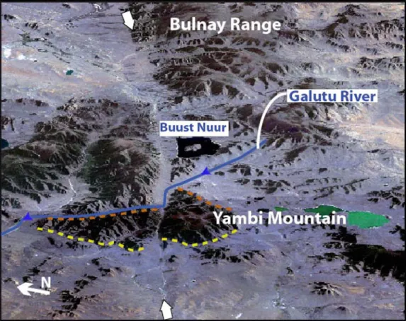 Figure 2. Perspective view looking east of the eastern part of the Bulnay fault (SPOT image)