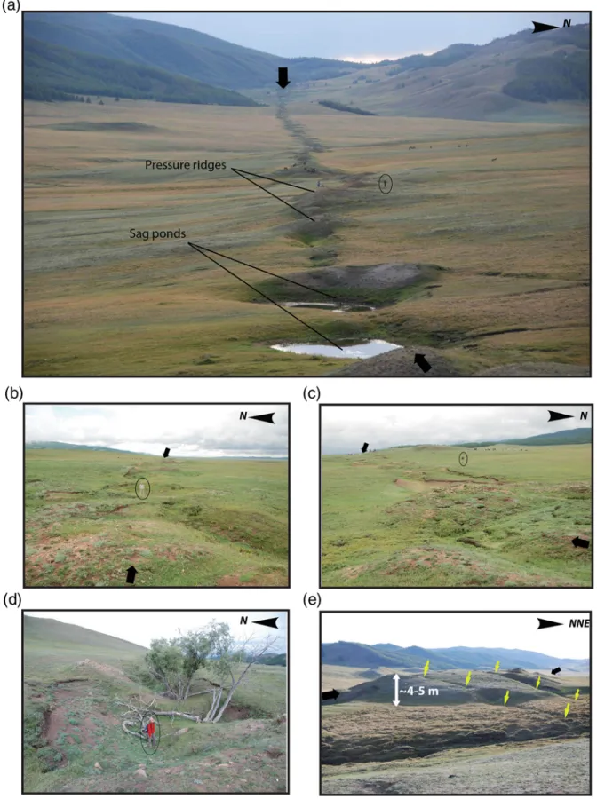Figure 3. Field photographs of the Bulnay rupture taken in 2009. Ovals indicate people (for scale), and heavy black arrows indicate the fault trace
