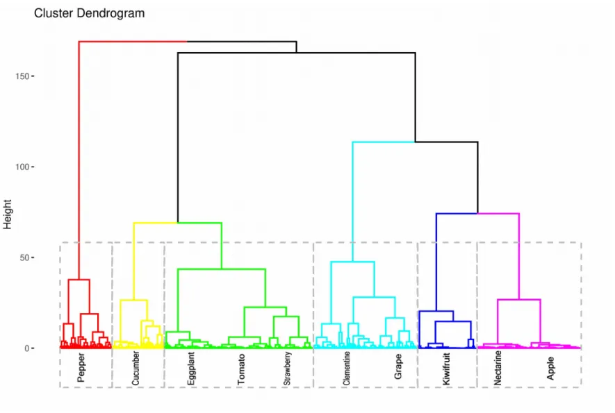 Figure 4: Clustering tree diagram of ten fruit species separated on the basis of the 100 best estimated parameters for given species.