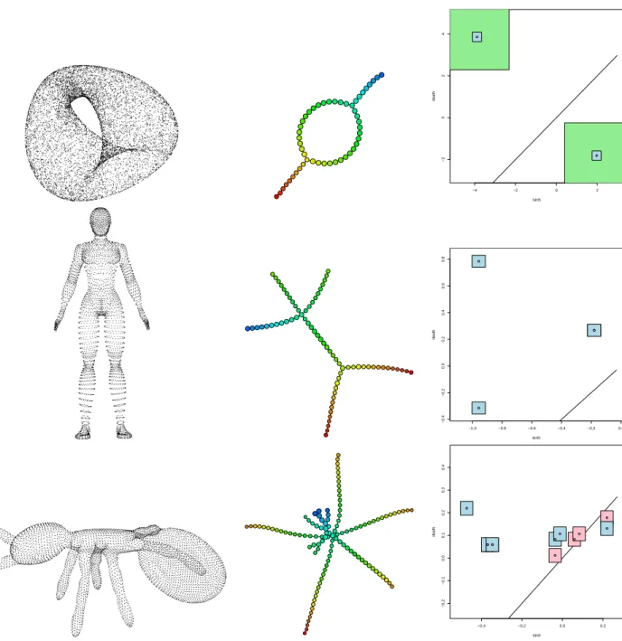 Figure 5: Mappers computed with automatic tuning (middle) and 85 percent confidence regions for their topological features (right) are provided for an embedding of the Klein Bottle into R 4 (first row), a 3D human shape (second row) and a 3D ant shape (thi