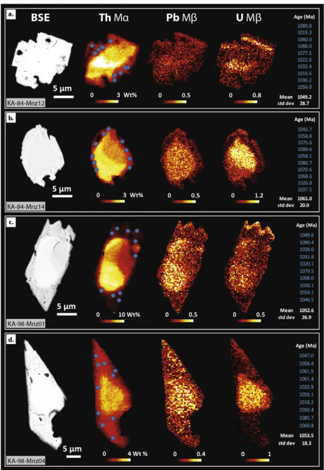 Fig. 5. Backscaterred images and X-ray maps (Th M a , Pb Mb and U Mb) for four monazites from Kafuku drill core (a &amp; b) from KA-84 sample and (c &amp; d) from KA-98 sample.