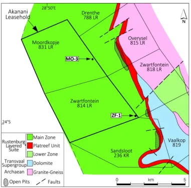 Fig. 3. Simplified geological map showing location of Akanani Leasehold (Zwartfontein 814 LR and  Moordkopje) and location of drill-holes studied here