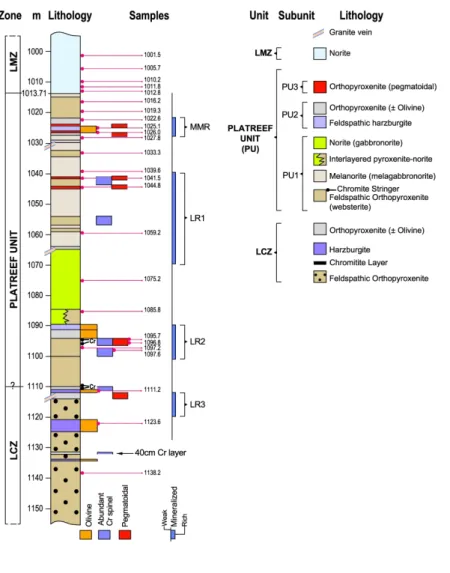 Fig. 5. Stratigraphic log for drill-hole ZF-1 showing basal part of the Lower Main Zone (LMZ), Platreef Unit,  and upper part of the Lower Critical Zone (LCZ)