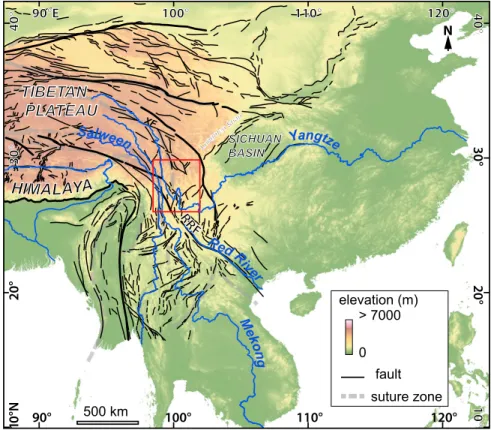 Figure 1. Topographic and tectonic framework of the India-Asia area. Faults are drawn after  Valli (2005)