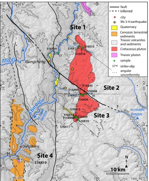 Figure 4. Map of the Xiangcheng area. Shaded relief is based on an ~30-m-resolution Shuttle  Radar Topography Mission (SRTM) data set