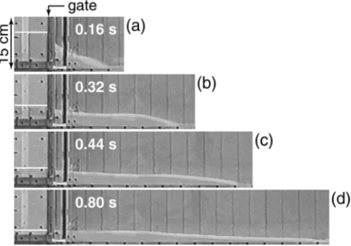 Figure 2. Flow of particles of group A generated from a bed 15 cm high. The white bold line is the level of the top of the bed in the reservoir