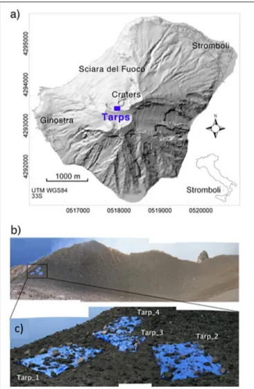 FIGURE 1 | (a) Stromboli (DEM in shaded relief) with the position of collecting area (blue square)