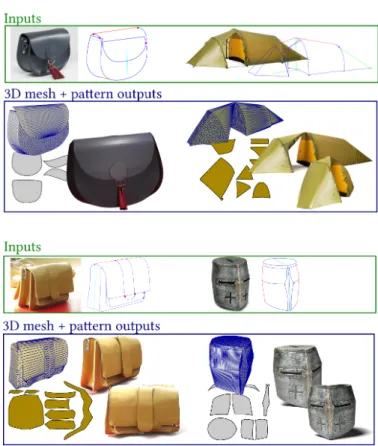 Figure 1: Given an annotated line drawing traced over the photograph of a piecewise-developable object (top green rows) , our method produces a 3D model of the visible parts of the object, and of some of the occluded parts inferred by symmetry