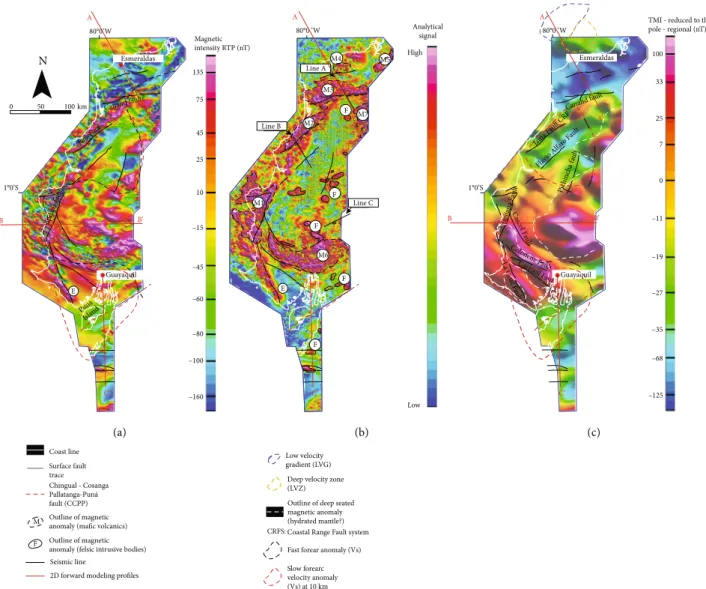 Figure 4: (a) Total magnetic intensity (TMI) map-reduced to the pole (RTP) of the forearc region in Ecuador