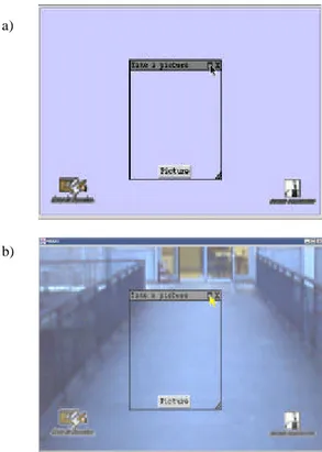 Fig. 6.   Clickable reality: (a) Magic lens displayed on the pen computer (b)View displayed on the HMD.