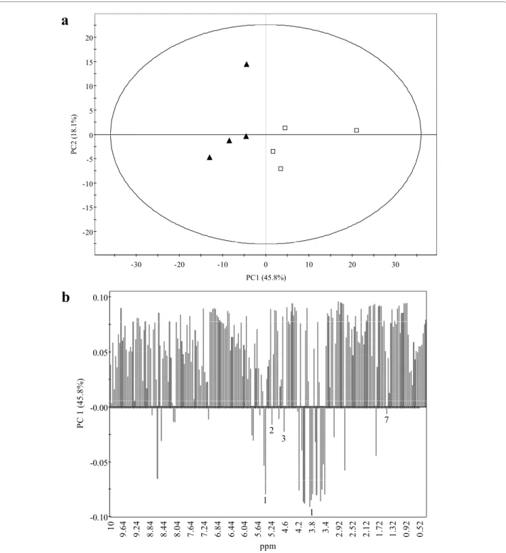 Figure 9 a: Score plot (PC1 vs. PC2) and b: loading column plot of PCA results obtained from  1  H NMR spectra of CA4 d15 (Њ) and CA10 d15  ( 䊐 ) calli