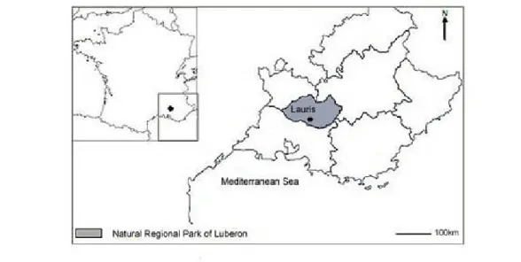 Fig. 1. Map of study area indicating the village of Lauris within the Natural Regional Park of the Luberon in the French Mediterranean area.