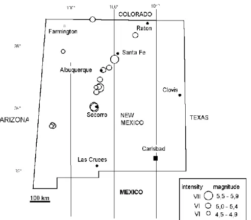 Figure 8:  Historical seismicity of New Mexico and location of Carlsbad area. From Stover et Coffman (1993)  Sismicité historique du Nouveau Mexique et localisation de la zone de Carlsbad