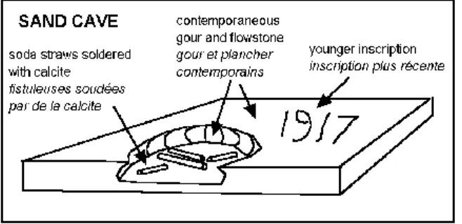 Figure 7:  Signs observed in Sand Cave (Mac Kitttrick hills, Carlsbad). The first collapses are older than 1917