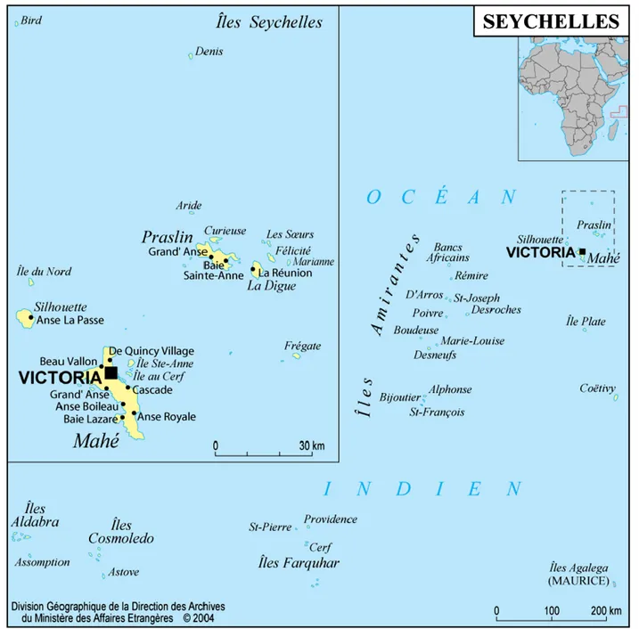 Figure 1 Map of the Republic of Seychelles in the south-west Indian Ocean. Seychelles comprise several distinct archipelagos and islands.