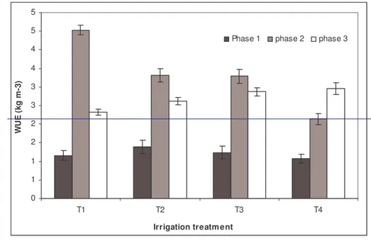 Fig. 7: Wate use efficiency for each irrigation mode and growth phase – year 2010   