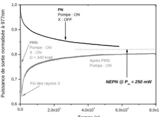 Fig. 1. Décroissance de la puissance de sortie normalisée à 977 nm pour K10, PN pur et PRN