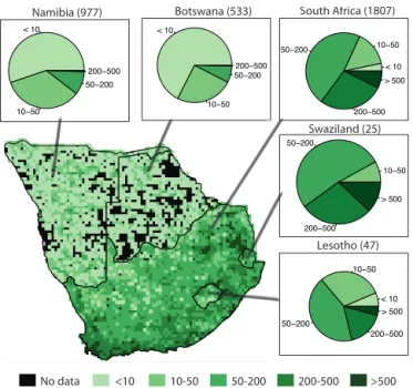 Figure 4. Distribution of the number of species (n sp ) per grid cell. The greener the grid cell is, the more species are available to reconstruct climate