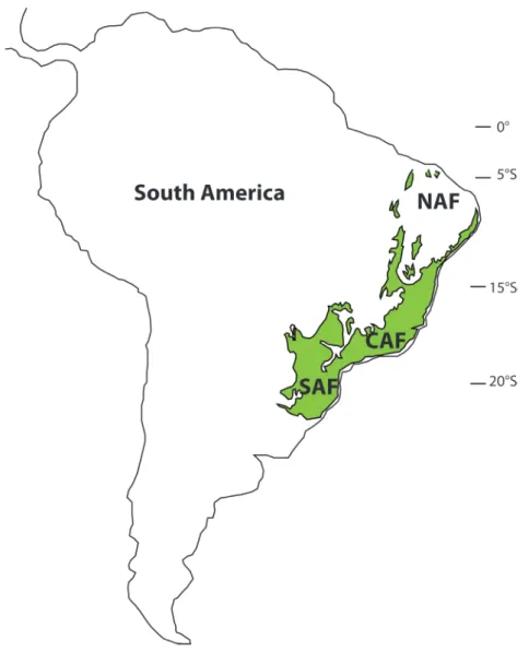 Figure 1: Map showing the modern distribution of the Brazilian Atlantic forest with three main regions