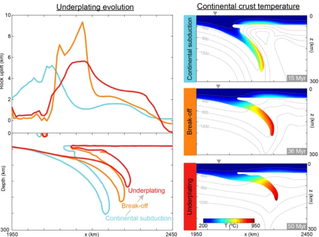 Fig. 6. Evolution of the rock uplift and continental crust position (left column) and temperature changes within the continental crust (right column) during the three main phases of the reference model: continental subduction (light blue), slab break-off (