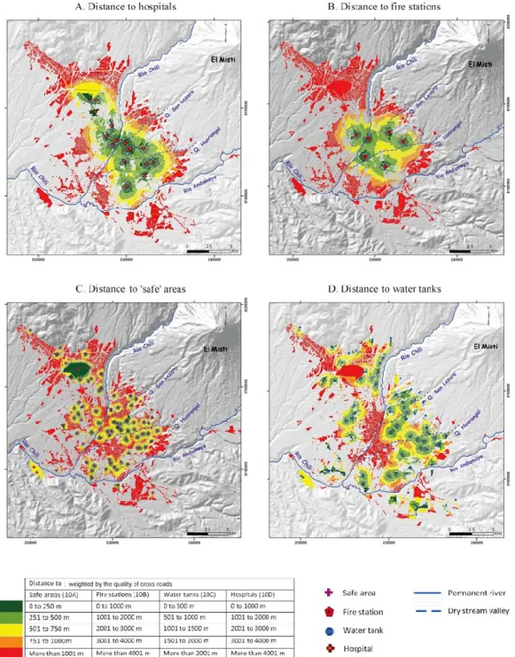 Fig. 10. Distances to hospitals, “safe” areas and water tanks in Arequipa. The figures represent the measure of isolation at the block scale including hospitals (A), fire stations (B), and “safe” areas such as parks and playgrounds (C) and water tanks (D)