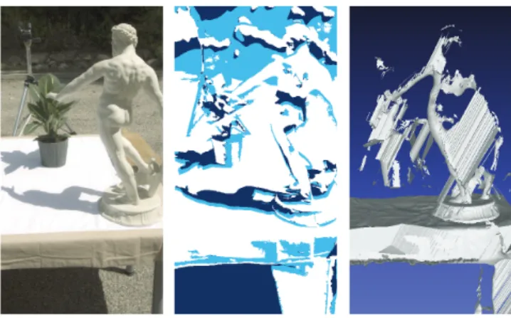 Fig. 9: Left: Input image. Middle: detected shadow pixels in blue, shadow from the proxy in dark blue