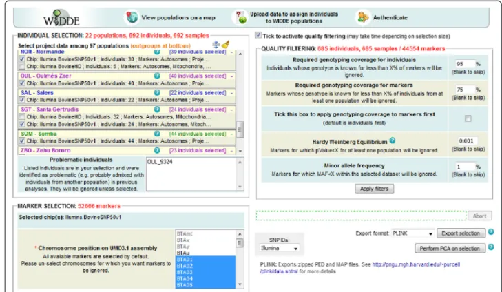 Fig. 2 Web interface to select individuals and markers, apply quality filter, export data in various formats and launch principal component analysis
