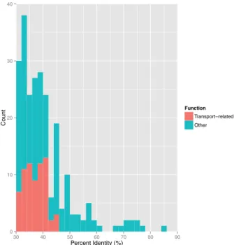 Fig. 2. The distribution of percent identity between CPR/TM6 proteins and their counterparts in Babela massiliensis, with highly divergent membrane, transporter, pump, and translocase-related ones highlighted in red