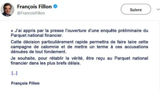 Figure 1. Communiqué de F. Fillon relayé par son compte Twitter le 25 janvier 2017 