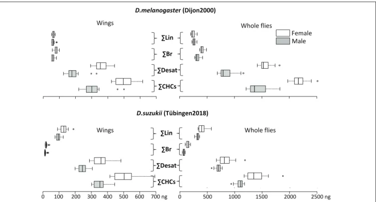 FIGURE 4 | Amounts (in ng) and composition of wings (left panels) and whole body (right) CHCs in individual D