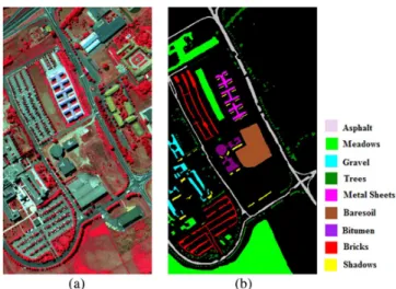 Fig. 3. (a) FCC of the ROSIS University image (R: 0.8340 µm G: 0.6500 µm B: 0.5500 µm)