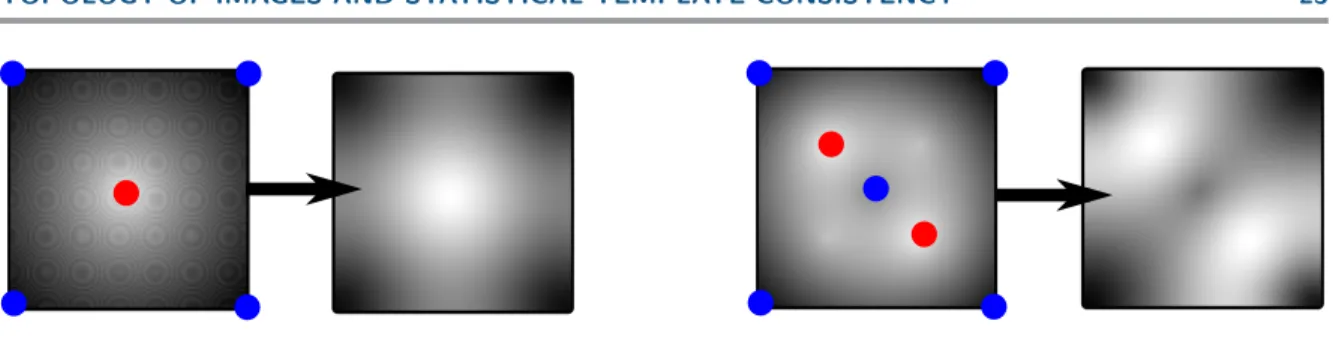 Figure 10. Topological denoising on two toy examples. We impose topological constraints on the initial images, on the left in both cases: minima in blue and maxima in red