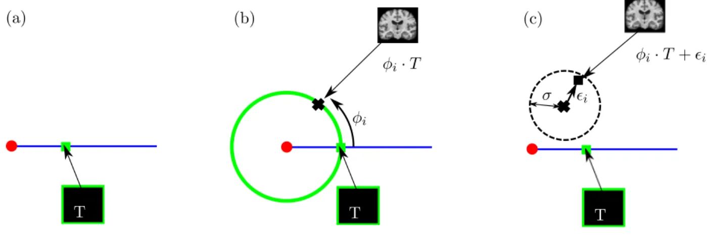 Figure 4. Schematic illustration of the generative model of the brain images data. As before, the space of brain images is represented by the plane R 2 