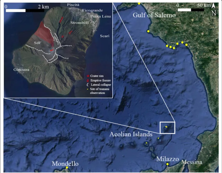 Fig. 1 Geographic location map of the Island of Stromboli. The rectangle encloses the zoomed area, where SdF: Sciara del Fuoco