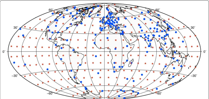 Fig. 1  The distribution of ground-based and satellite virtual geomagnetic observatories