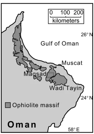 Figure 1. Map showing the location of the Oman ophiolite massifs (dark gray regions). Adotted rectangle indicates the area of Figure 2.