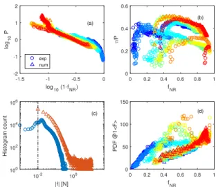 FIG. 3. (a) Pressure evolution versus 1-f N R for both exper- exper-iments (◦) and simulations (4)