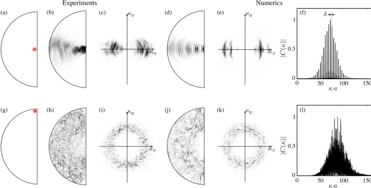 FIG. 11. Initial illumination beams, NF and FF observed at the output of the fiber, corresponding numerical simulations and numerical calculated spectra, for an illumination favorable to the excitation of a family of (a-f) regular modes and (g-l) superposi