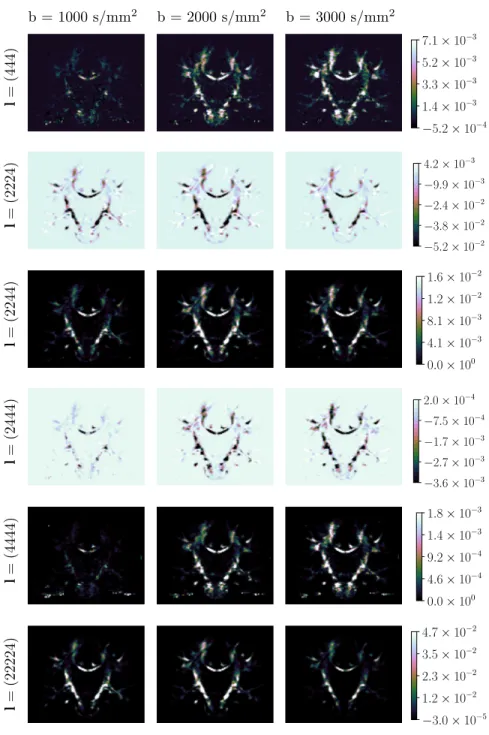Figure 5: The second six algebraically independent invariants calculated on the diffusion signal of a coronal slice of one of the HCP subjects at different b-values.