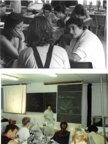 Figure 2. Michèle Knoepffler- Knoepffler-Péguy (‘Minouche’) (right), in the  practicals lab at the Laboratoire  Arago, with phycology course  students, Delphine Willsie (left)  and X (back view), July 1981