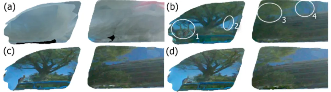 Fig. 9. (a) The min-composite for the background. (b) The min-composite of initial reflection flows from the 25 neighboring images to a given input view