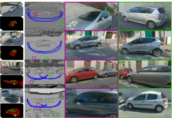 Fig. 10. Our scenes, top to bottom: Vine, Carpenter, Narrow-Street and Corner-Street. Left to right: input images and semantic masks, scene geometry with the input viewpoints (in blue) and output viewpoints (pink and green), two renderings of each scene us
