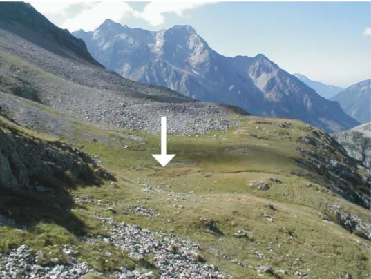 Figure 1.  Lac des Lauzons.  The arrow indicates the coring site