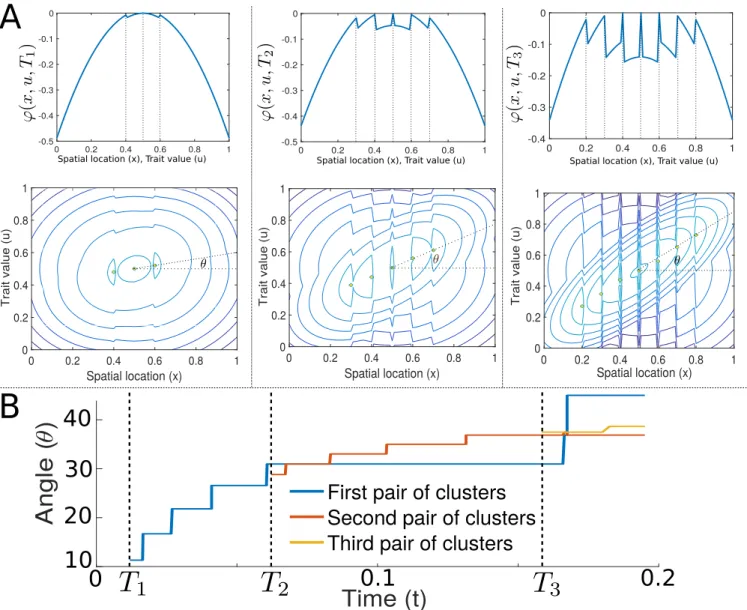 Figure 11: Simulations of the Hamilton-Jacobi equation. A. Snapshots of two different profiles of ϕ(x, u, T i ), i = 1, 2, 3 at the times where ϕ develops a new pair of zeros (the times where new clusters emerge)