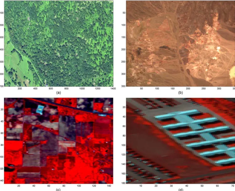 Fig. 3. Real images. (a) Hyspex Madonna image, (b) AVIRIS Cuprite scene, (c) AVIRIS Indian Pines, and (d) ROSIS Pavia University.