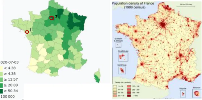 Figure 1. (Left): Number of deaths per 100000 residents by French departments. The circles denote the capital cities of the regions investigated: 1 = Nantes, 2 = Paris