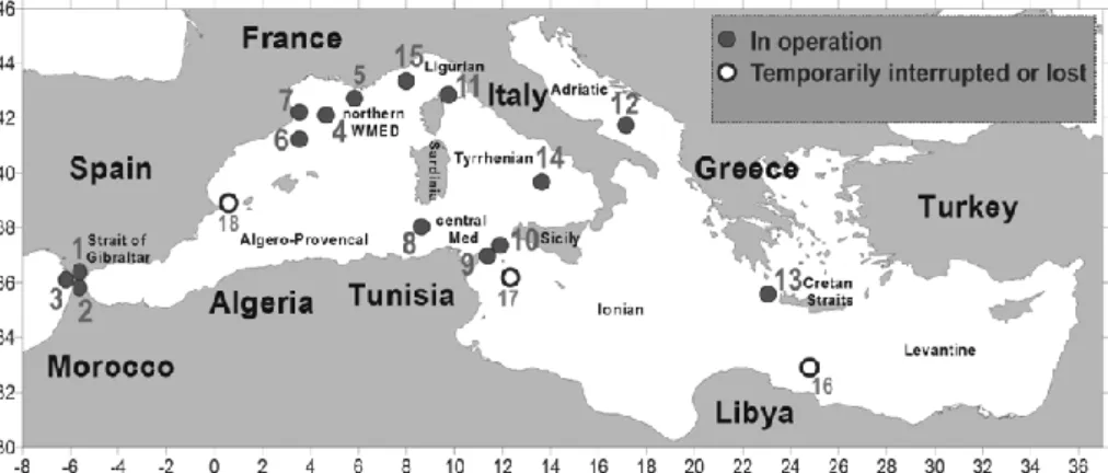 Fig. 1. Present status of the HYDROCHANGES network. The numbers refer to details of each site, which are listed in Table 2: involved institutes, position, time frame, instruments and measured parameters for each depth.