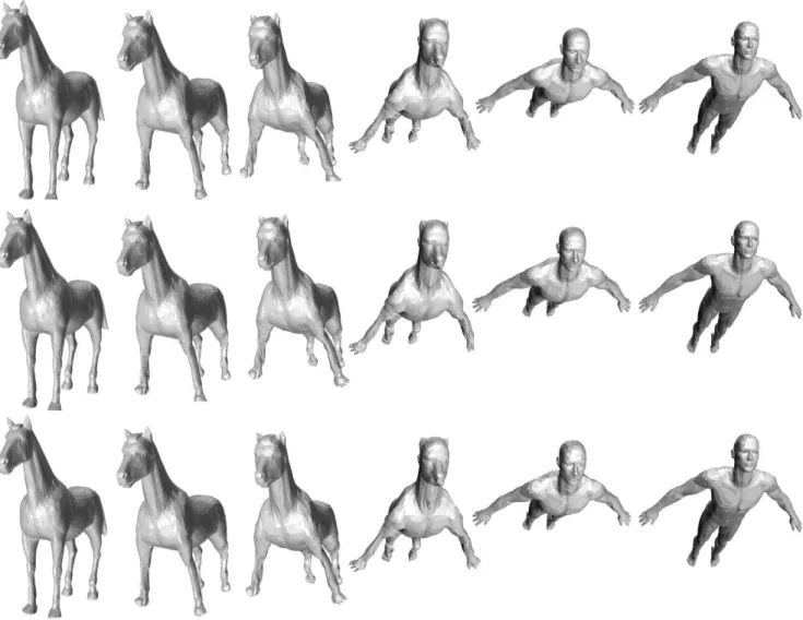 Figure 6. Time-varying Approximation of the HORSE - TO - MAN sequence, at different levels of details : 6000 vertices (first row), 3200 vertices (second row), and 800 vertices (third row).